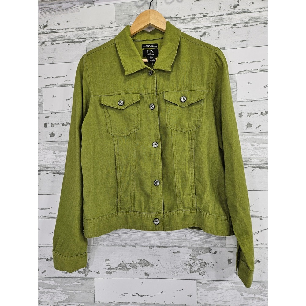 Jones New York JNY Green 100% Linen Trucker Jacket Womens Large L European Flax